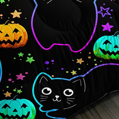 Cute Pet Cat Comforter King Bedding Sets,Halloween Pumpkin Lantern Stars Pattern Comforter Sets for Toddler Kids Room Decor,Colorful Neon Lights 3Pcs Bed Set with 2 Pillowcases.