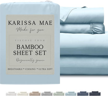 KARISSA MAE Cooling Bamboo Viscose King Sheet Set | 100% Organically Grown | 18” Deep Pocket | Silky, Soft, & Hypoallergenic | with Organizer Band & Elastic Corner Straps [Coastal Blue]