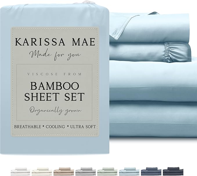 KARISSA MAE Cooling Bamboo Viscose Cal King Sheet Set | 100% Organically Grown | 18” Deep Pocket | Silky, Soft, & Hypoallergenic | with Organizer Band & Elastic Corner Straps [Coastal Blue]