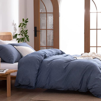 Blue Duvet Cover King, 100% Washed Cotton Linen Like Textured Solid Color Casual Modern Style Blue Bedding Set, with Zipper Closure, Luxury Soft Relaxed Feel Natural Wrinkled Comfy (3pcs, King)