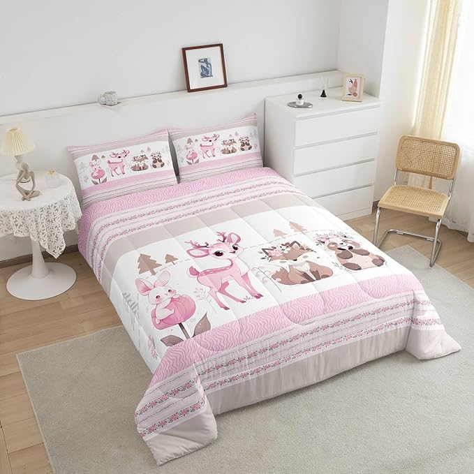 jejeloiu Cute Pink Deer Bedding Set Toddle Size Kawaii Forest Animal Comforter Set for Kids Girls Pink Flower Stripe Duvet Set Rabbit Quilt Set 2Pcs