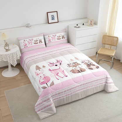 jejeloiu Cute Pink Deer Bedding Set Twin Size Kawaii Forest Animal Comforter Set for Kids Girls Pink Flower Stripe Duvet Set Rabbit Quilt Set 2Pcs