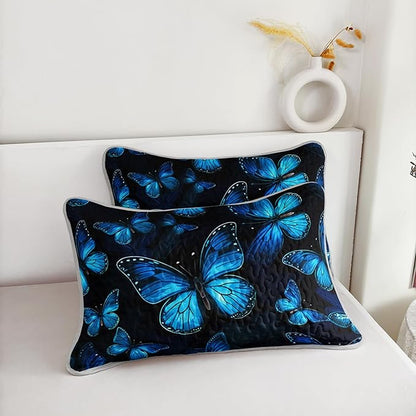Full Size Quilt Set,Blue Butterfly Botanical Pattern Bedding Set,3 Piece Lightweight Soft Summer Quilted Bed with 2 Pillowcases for All Season.