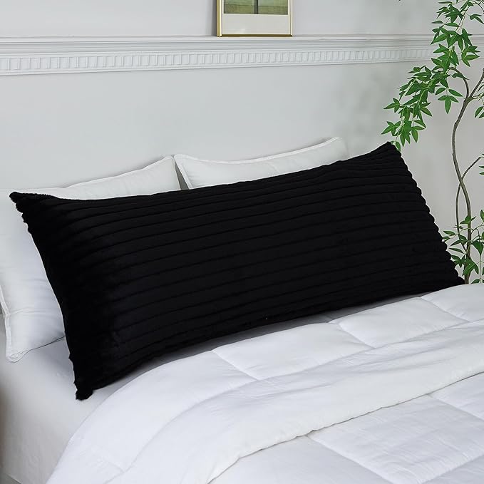 Full Body Pillow with Fluffy Stripe Faux Fur Removable Cover, Long Bed Pillow Adult 20x54 Inches for Side Sleeper and Pregnancy, Black.