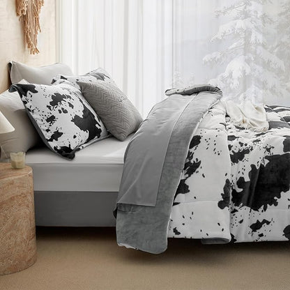 Petrichor Velvet Flannel Twin Comforter Set-Cow Print Western Style Blanket,Luxury Fuzzy Heavy Bedding Set, 2 Pieces Plush Winter Bed Set with Comforter (68"x88") & 1 Pillow Shams (20"x26")