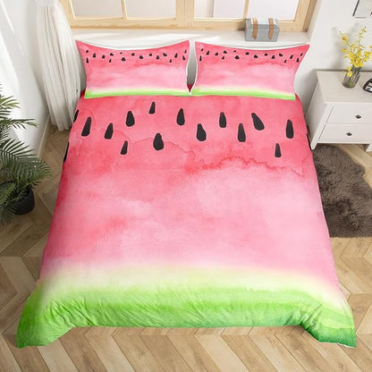 Castle Fairy Watermelon Duvet Cover Set Queen,Watercolor Tie Dye Bedding Set 3pcs for Kids Teens Adults Room Decor,Pink Green Summer Fruit Comforter Cover Modern Plants Quilt Cover with 2 Pillowcases