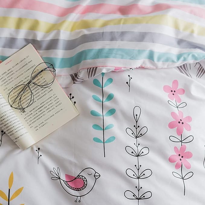 BuLuTu Floral Bird Print Pattern Girls Duvet Cover Full White Premium Cotton Nature Blossom Colorful Reversible Kids Bedroom Comforter Cover Bedding Sets for Teen Toddler,Zipper Closure