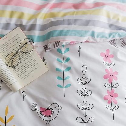 BuLuTu Floral Bird Print Pattern Girls Duvet Cover Full White Premium Cotton Nature Blossom Colorful Reversible Kids Bedroom Comforter Cover Bedding Sets for Teen Toddler,Zipper Closure