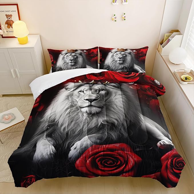Wild Lion Comforter Set Full Size, 3Pcs Animal Lion and Red Rose Bedding Set for Women and Adults, Cheetah Soft Comforter Set for Bedroom Bed Decor, 1 Comforter+ 2 Pillowcases.