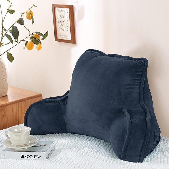 Super Soft Velvety Backrest Reading Bed Rest Pillow with Arms and Pockets 18" H for Sitting in Bed Couch Sofa, Back Support Wedge Cushion with Removable Cover, 20" x 18" x17", Navy