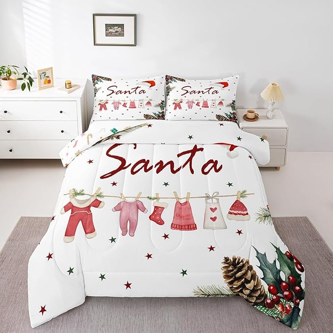 Erosebridal Cartoon Santa Claus Comforter Set for Kids Boys Girls,Merry Christmas Bedding Set Twin,Christmas Down Comforter,Happy New Year Reversible Bed Set with 1 Pillowcase Warm