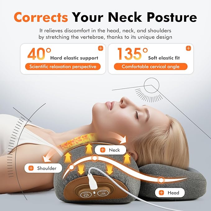3-in-1 Neck Massager Pillow with Heating & Cervical Traction, Ergonomic Cervical Pillow for Neck Back Shoulder Pain Relief,Cervical Traction Suppor (Brown)