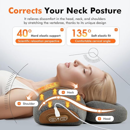 3-in-1 Neck Massager Pillow with Heating & Cervical Traction, Ergonomic Cervical Pillow for Neck Back Shoulder Pain Relief,Cervical Traction Suppor (Brown)
