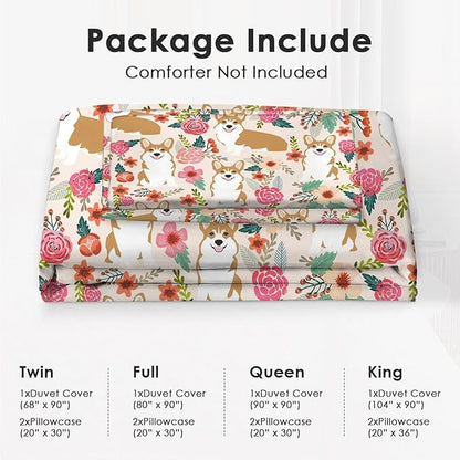 Corgi Dog Puppy Theme 3 Pieces Duvet Cover Comforter Set with 2 Pillowcase Queen Size Dog Print Bed Sheet Quilt Bedroom Bedding for Lover Kids