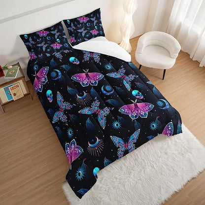 HOSIMA Halloween King Size Comforter Set,Goth Bedding Set Black Comforter Skull Butterfly Bed in a Bag King Size for Adults Boys Girls Halloween Room Decor Dark Academia Bedding.