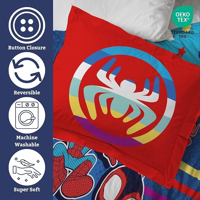 Jay Franco Duvet Cover Set – 3 Piece Comforter Cover and Sham Set, Super Soft Cozy Kids Bedding (Insert Not Included) Blue - Spidey & Friends, Twin