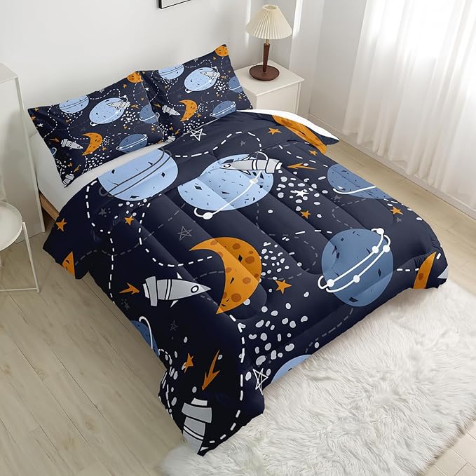Space Bedding Comforter Set King Size for Kids Teens and Adults Rockets and Planets Printed for Bedroom Soft Microfiber All Season Print Quilt Set with 1 Comforter and 2 Pillow Case