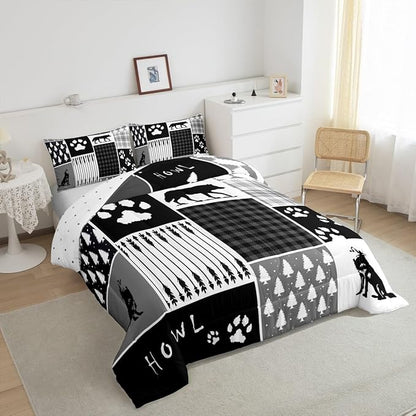 Feelyou Rustic Comforter Set Full Size Hunting Adventure Comforter for Boys Girls Teens Wildlife Arrows Bedding Set Woodland Wolf Duvet Set Room Decor Wolf Paws Print Quilt Set