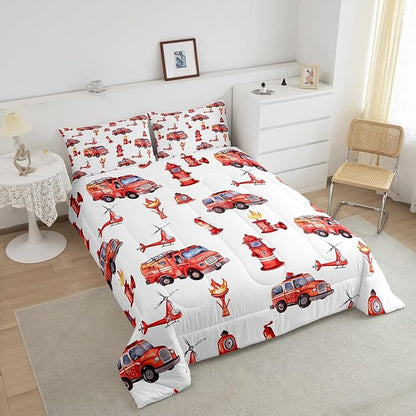 Fire Truck Red Comforter King for Kids Toddler Boys - Firefighter Supplies Pattern Bedding With Scaling Ladder, Extinguisher, Helicopter, Hydrant Print - Fire Theme Decor Duvet Set