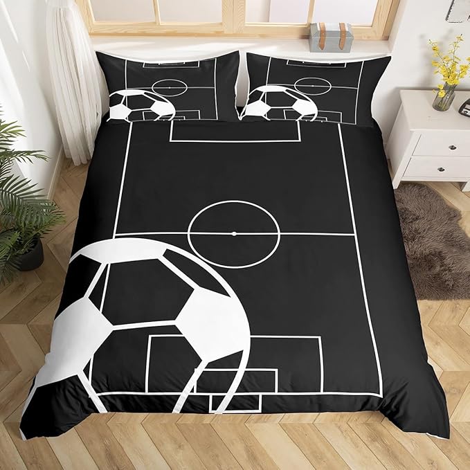 Castle Fairy Football Field Print Bedding Set,Ball Sports Games Themed Duvet Cover Set for Children Bedroom, Black White Goal Sporting Equipment Comforter with 2 Pillowcases, Queen 90''x90''