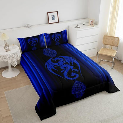 Feelyou Blue Dragon Comforter Set Gradient Ombre Blue Teens Women Bedding Set for Kids Boys Girls Vintage Boho Paisley Decor Comforter Exotic Trippy Quilt Set 3Pcs Full Size