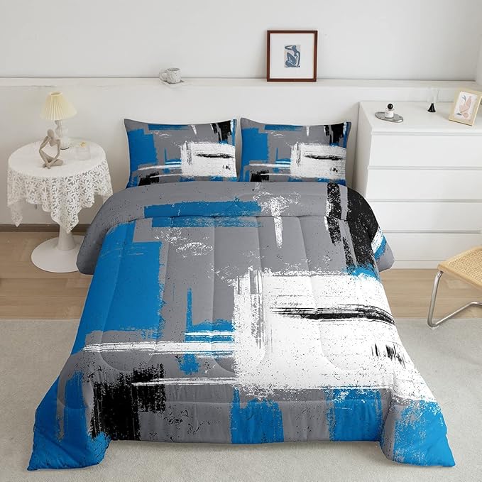 Feelyou Abstract Bedding Set Comforter Set for Kids Boys Children Modern Abstract Art Comforter Ultra Soft Decor Blue Grey White Duvet Set Twin Size