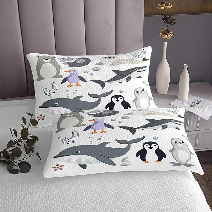 Erosebridal Sea Animal Theme Bedspread Twin Size Shark Coverlet Set,Penguin Polar Animal Bedding Set Cartoon Sea Lion Quilt Set for Boys Girls,Ocean Creature Bedroom Decor Plain White