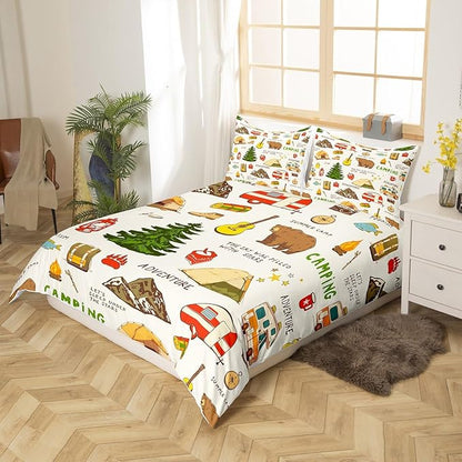 Camping and Adventure Bedding Set King Size,Cartoon Bear Camper Car Duvet Cover Set for Kids Girls Boys Teens Room Decor,Happy Camping Comforter Cover Outdoor Travel Quilt Cover,2 Pillowcases