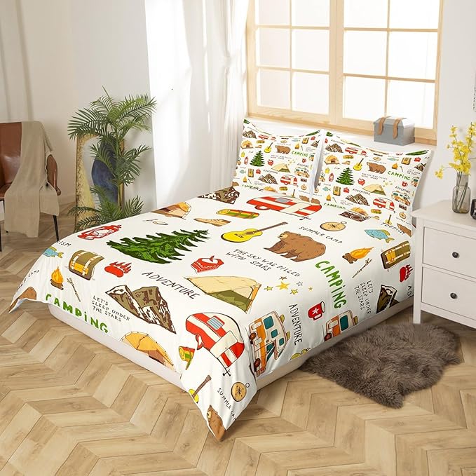 Camping and Adventure Duvet Cover Set Twin Size,Cartoon Bear Camper Car Bedding Set for Kids Girls Boys Teens Room Decor,Happy Camping Comforter Cover Outdoor Travel Quilt Cover,1 Pillowcase