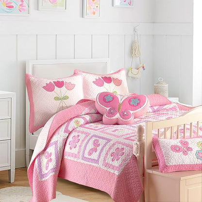 Cozy Line Home Fashions Pink Butterfly Tulip Floral Print Girl 100% Cotton Reversible Quilt Bedding Set, Coverlet, Bedspread (Twin - 4 Piece)