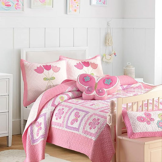 Cozy Line Home Fashions 100% Cotton Pink Floral Print Girl Reversible Quilt Bedding Set, All Season Lightweight Coverlet, Bedspread (Butterfly Tulip, Twin-2 Piece)