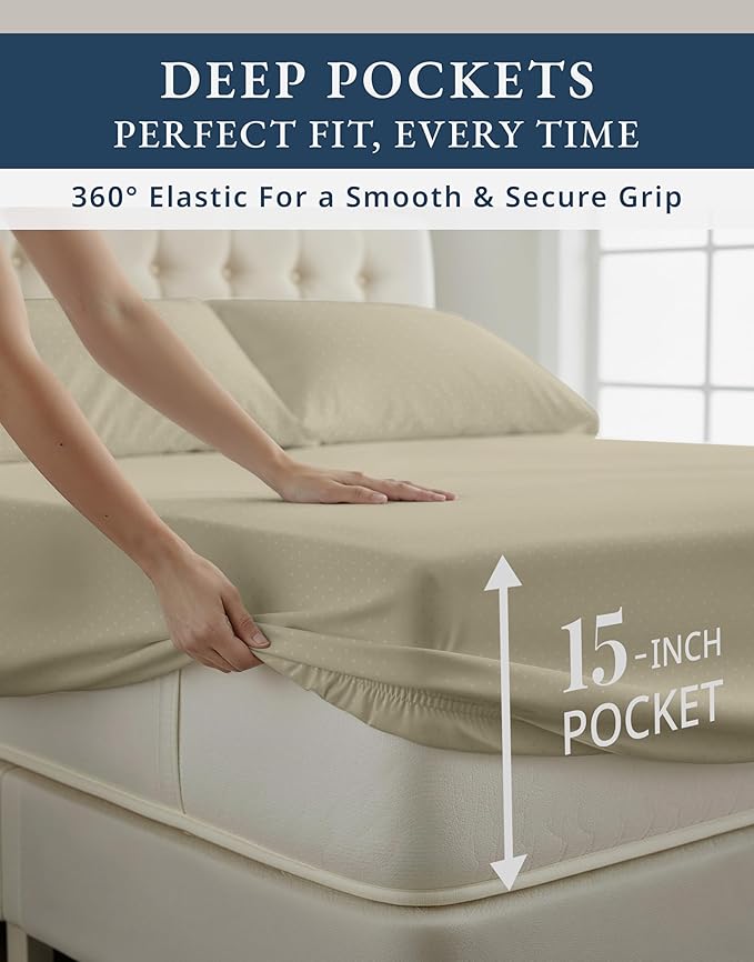 100% Egyptian Cotton Sheets King Size– Silky Sateen Weave for All Season Comfort, 15" Deep Pocket King Sheet Set, Oeko-TEX Certified, Fade Resistant, Durable Hotel Comfort at Home -Swiss Dot Linen