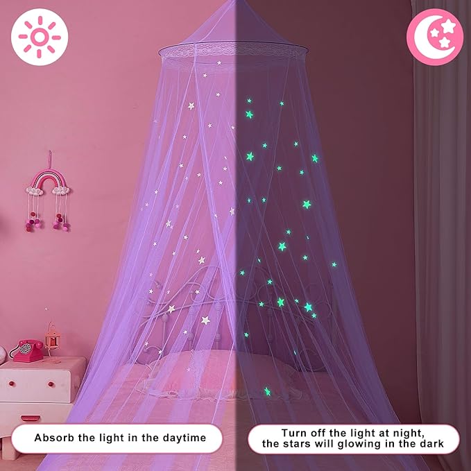 FIOBEE Bed Canopy for Girls Room Bed Canopy Curtains with Led Lights Mosquito Net DIY Princess Room Décor with Stars Butterflies for Kids Bedroom, Purple