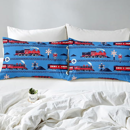 Erosebridal Boys Train King Comforter Set Cartoon Car Toddler Bedding Set, Traffic Transportation Track Comforter for Kids Teens Red Blue Steam Engine Railway Decor Quilt Set Room 3Pcs