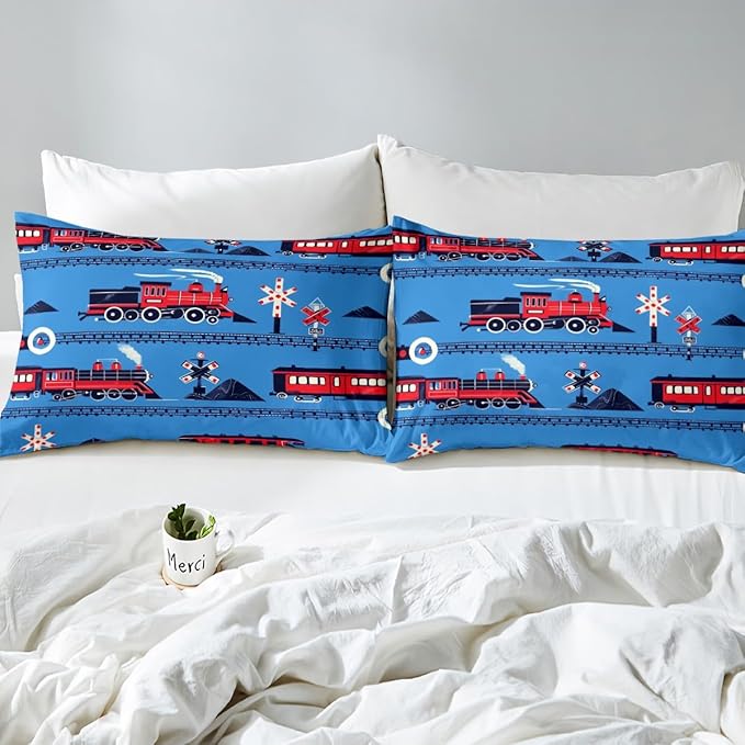 Erosebridal Boys Train Twin Comforter Set Cartoon Car Toddler Bedding Set, Traffic Transportation Track Comforter for Kids Teens Red Blue Steam Engine Railway Decor Quilt Set Room 2Pcs