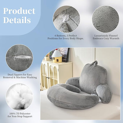 Reading Pillow for Bed,U Shaped & Back Support Pillow for Bed,19" Backrest with Lumbar & Arm Support,Luxurious Faux Rabbit Fur,Gaming PillowFor Crochet/Reading/Watching TV,Gray