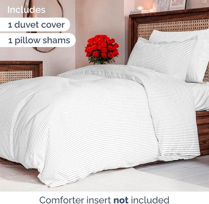 Duvet Cover Twin/Twin XL Size Set - Extra Soft Floral Duvet Cover 68 x 90 with 1 Pillow Sham - Comfy, Breathable Floral Bedding Set - Hotel Luxury & Fade Free w/ Zipper Closures & Ties - Grey Stripes