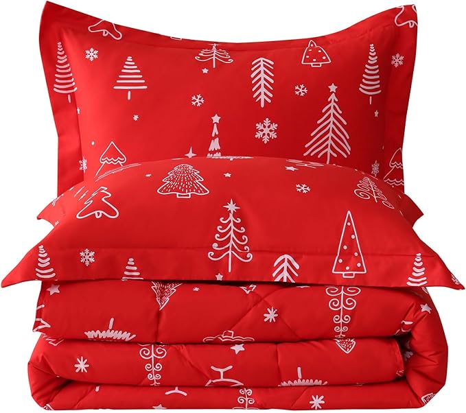 JSD Red Kids Christmas Comforter Set Twin Size, 2 Piece Xmas Tree Printed Microfiber Bedding Set, Machine Washable