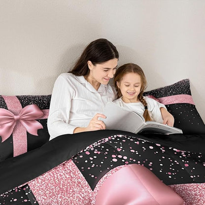 Bowknot Comforter Set Full Size,Diamond Print (No Glitter) Bedding Set for Girls Women Adult Bedroom Decoration,Kids Pink and Black Bed Duvet Insert,Luxury Art Comforter with 2 Pillowcase