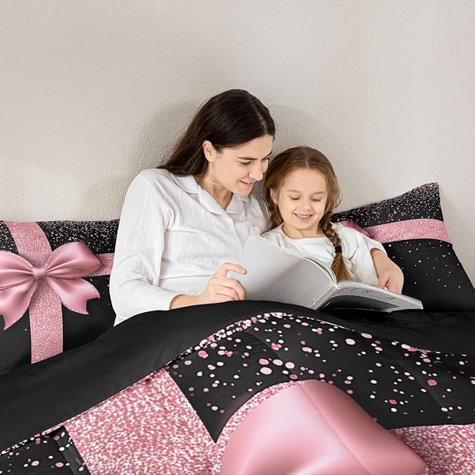Bowknot Bedding for Girls Kids,Pink Diamond Print (No Glitter) Comforter Set Queen Size Home Decor,Soft Bling Party Bedding Set,Pink and Black Teens Bedroom Down Duvet,1 Comforter with 2 Pillowcases