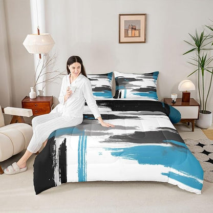 Feelyou Abstract Comforter Modern Abstract Art Comforter Set for Boys Girls Children White Grey Blue Pattern Bedding Set Room Decor Queen Size Duvet Set 3Pcs