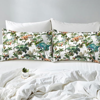 Colorful Dino Duvet Cover Queen Size,Dinosaur Cartoon Wild Animal Painting Duvet Cover Set for Children Adult,Green Leaves Tropical Botanical White Soft Comforter Cover for Dorm Room, Zipper, Ties