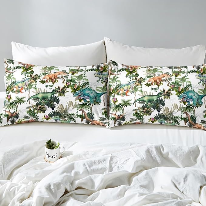 Castle Fairy Colorful Dino Duvet Cover Set Full Size,Dinosaur Cartoon Wild Animal Painting Comforter Cover with 2 Pillowcases,Green Leaves Tropical Botanical White Breathable Bedspread for Boys Teens