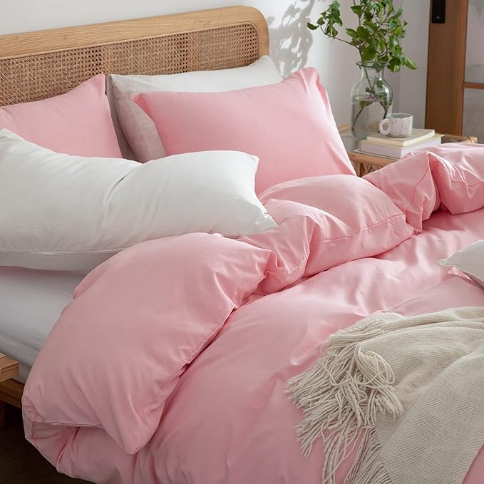 Jane yre Pink Duvet Cover King, 100% Washed Microfiber 3 Pieces Bedding Set, 1 Duvet Cover +2 Pillowcases with Zipper Closure, Soft Natural Slight Wrinkled Comfy