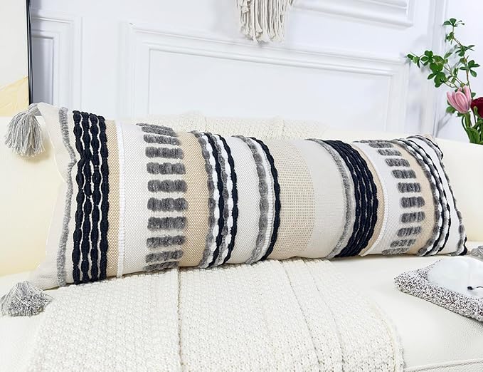 Chenille and Cotton Long Pillow for Bed, Striped Textured Boho Lumbar Throw Pillow Cover 12x36, Neutral Accent Decorative Extra Long Body Pillow Case for Couch, Sofa, Bedroom, Grey