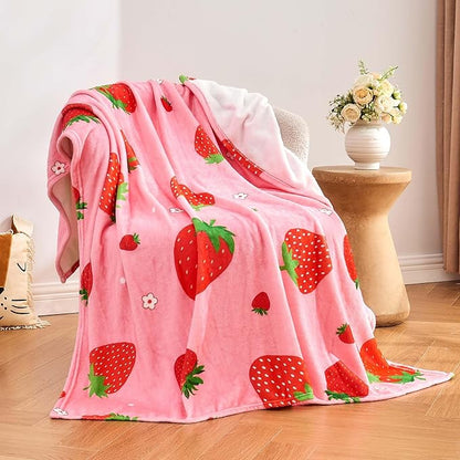 Pink Strawberry Kids Throw Blanket for Girls Teens Toddler Pink Soft Fuzzy Flannel Bed Blanket Birthday Gifts for Women Girls Kids Teens Adults, 60”x80”