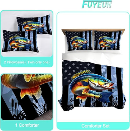 Bass Fish Comforter Set Full/Queen Size American Flag Bedding Set for Men Boys Teens Grey Fishing Lover Bedroom Camouflage Farmhouse Bed Set Wild Quilted, 1 Comforter 2 Pillowcases