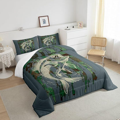 Feelyou Bass Fish Comforter Set Full Size Green Camouflage Bedding Set for Fishing Lover Gifts Boys Girls Camo Pike Fish Fishing Comforter Wild Fisherman Bed Set Rustic Cabin Bedroom Decor