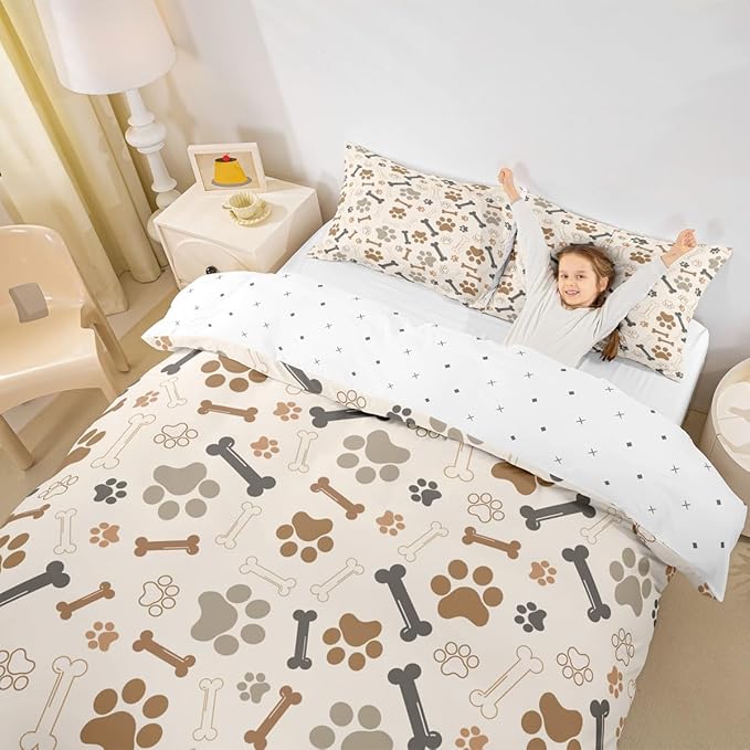 Dog Paw Print Comforter Cover Queen Size (Not Comforter),Bone Puppy Pets Animal Theme Bedding Set for Bedroom,Beige Cute Cartoon Design Polyester Duvet Cover with 2 Pillowcases, Soft