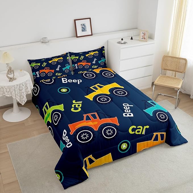 Feelyou Cartoon Car Bedding Set Construction Kids Comforter Set Boys Girls Equipment Trucks Decor Comforter Microfiber Cartoon Car Excavator Tractor Duvet Set Bedroom Quilt Set Full